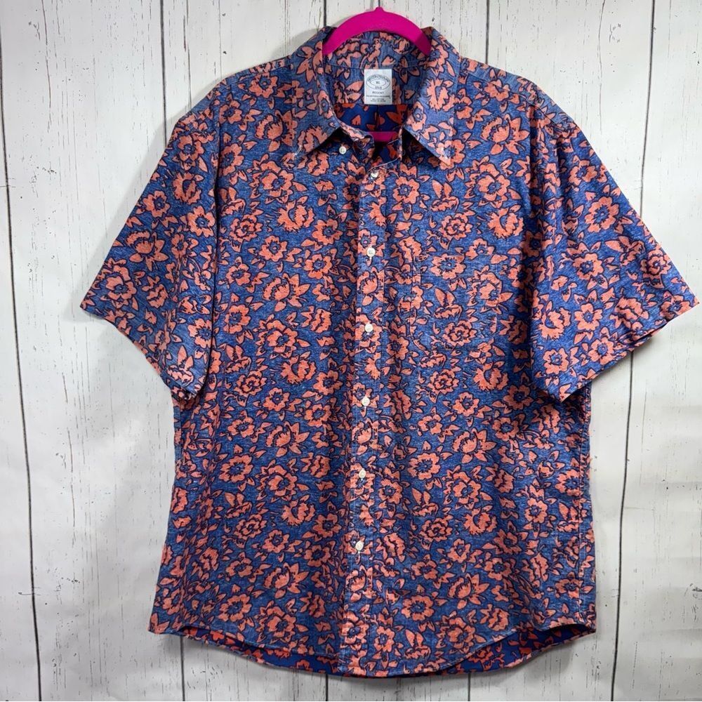 Brooks Brothers Regent Floral Button Up Shirt Blue Orange XL Preppy Coastal